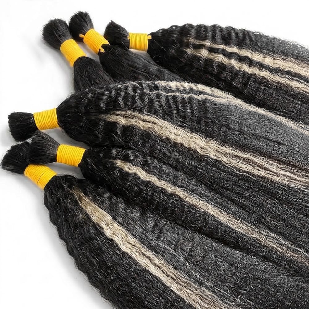 Kinky Stragiht 100% Raw Virgin  Human Hair Bundles - (No Weft) Bulk Hair / Black and grey blended highlights LINKTOWIG