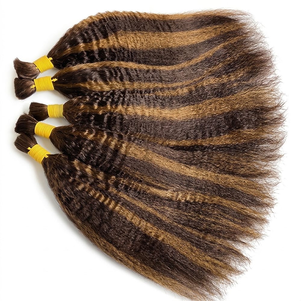 Kinky Stragiht 100% Raw Virgin  Human Hair Bundles - (No Weft) Bulk Hair / Honey Blonde Highlights LINKTOWIG