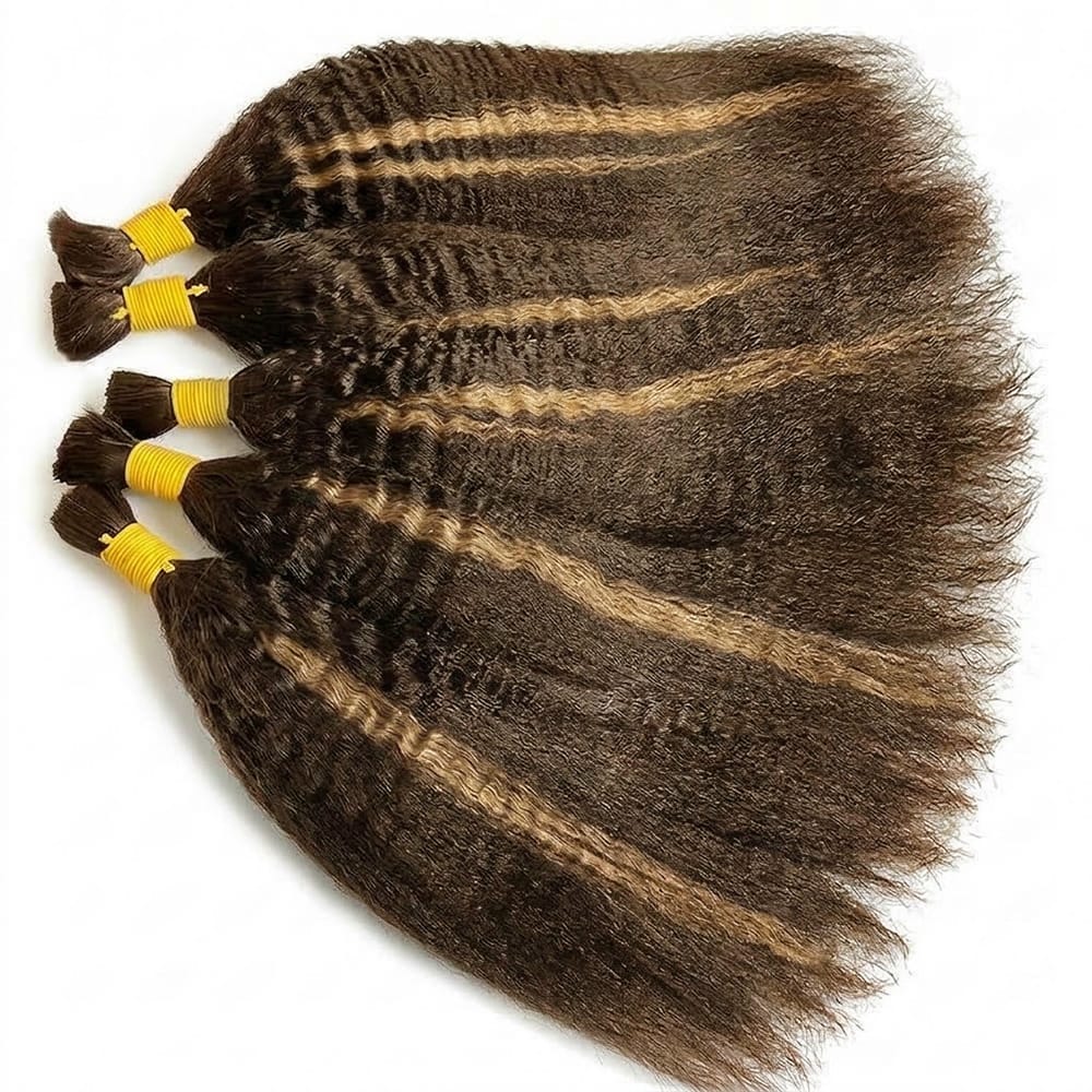 Kinky Stragiht 100% Raw Virgin  Human Hair Bundles - (No Weft) Bulk Hair / Honey Brown LINKTOWIG