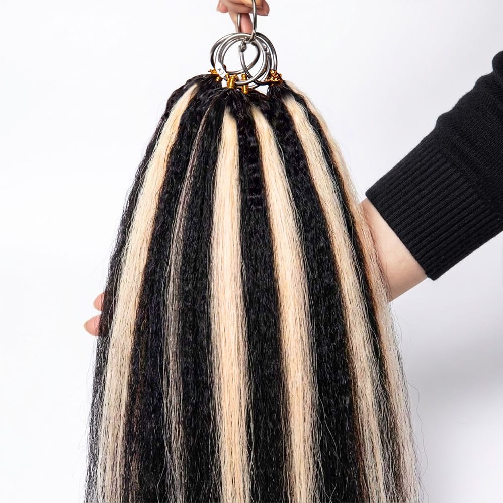 Kinky Stragiht Hair Bundles / Feather Hair Extensions — 100% Virgin Human Hair / Black and grey blended highlights LINKTOWIG