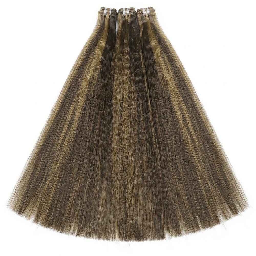 Kinky Stragiht Luxury Natural Hair Weft – 100% Virgin Human Hair / Wig Honey Blonde Highlights LINKTOWIG