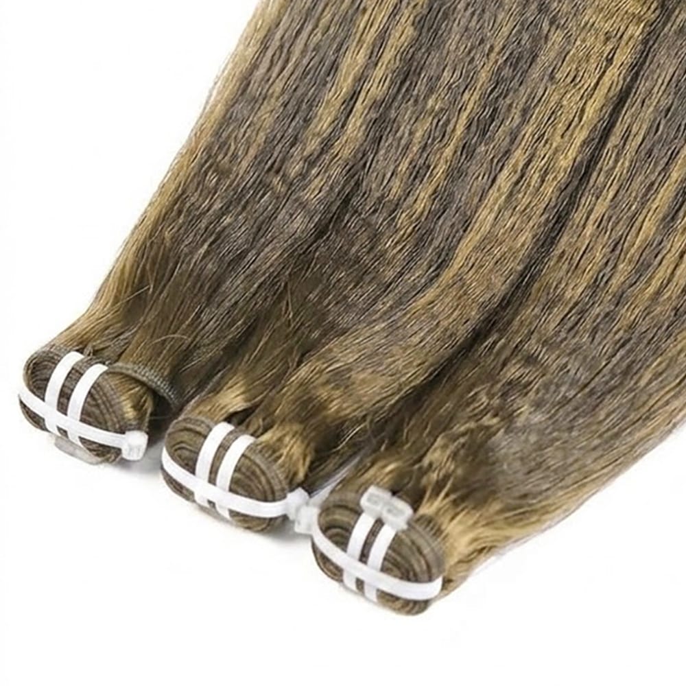 Kinky Stragiht Luxury Natural Hair Weft – 100% Virgin Human Hair / Wig Honey Blonde Highlights LINKTOWIG