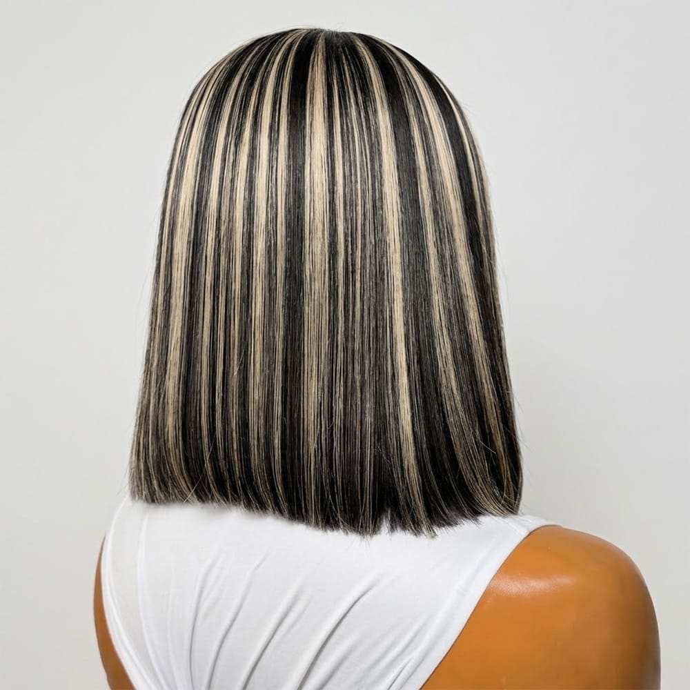Straight Bob Side Part  HD Lace Front Wig 100% Virgin Human Hair / Black and grey blended highlights LINKTOWIG