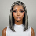 Straight Bob Side Part  HD Lace Front Wig 100% Virgin Human Hair / Black and grey blended highlights LINKTOWIG