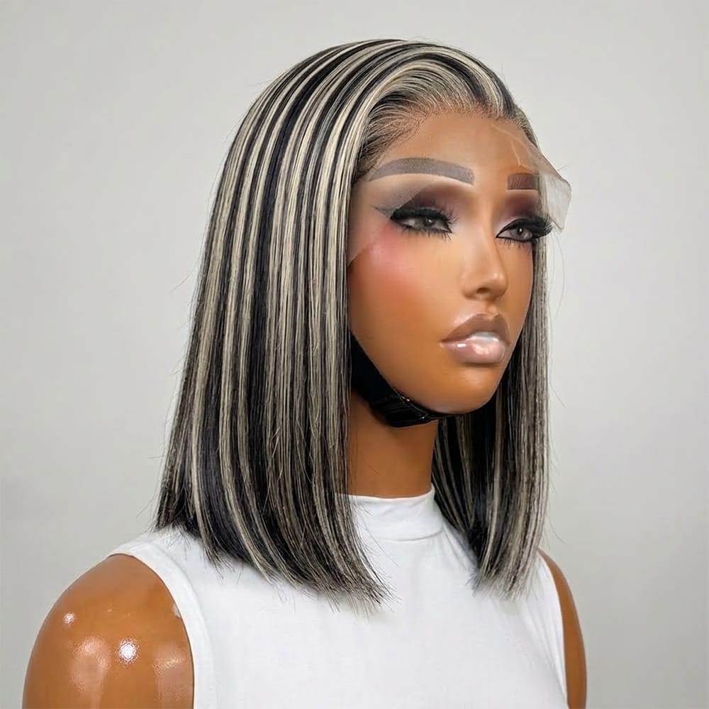 Straight Bob Side Part  HD Lace Front Wig 100% Virgin Human Hair / Black and grey blended highlights LINKTOWIG