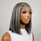 Straight Bob Side Part  HD Lace Front Wig 100% Virgin Human Hair / Black and grey blended highlights LINKTOWIG