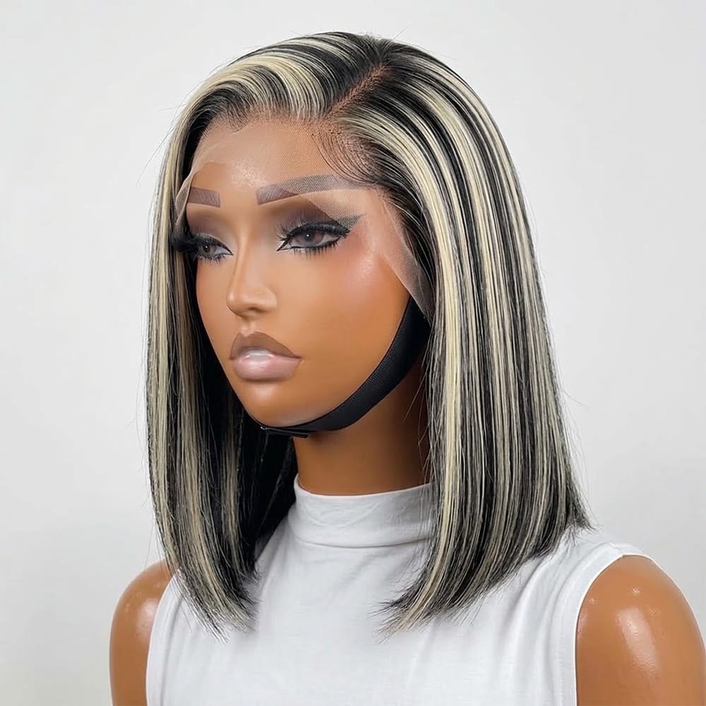 Straight Bob Side Part  HD Lace Front Wig 100% Virgin Human Hair / Black and grey blended highlights LINKTOWIG