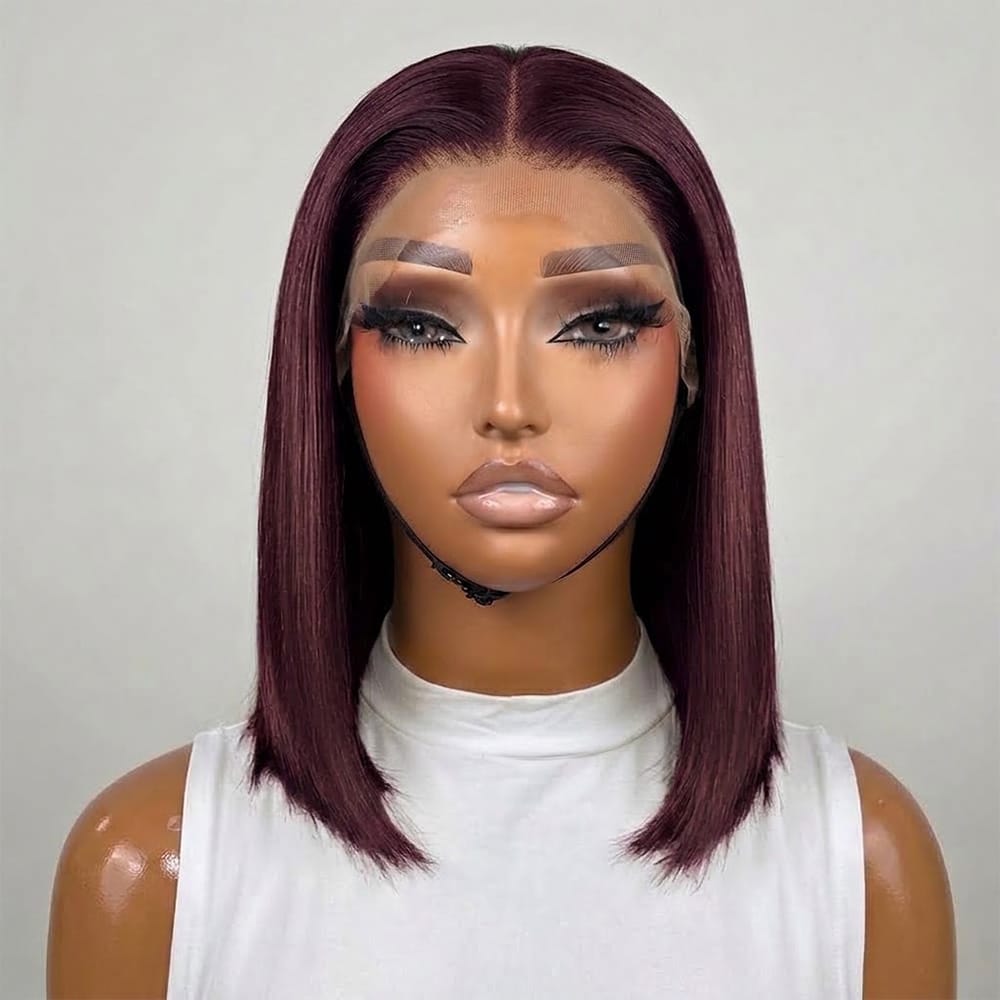 Straight Bob Side Part  HD Lace Front Wig 100% Virgin Human Hair / Burgundy LINKTOWIG