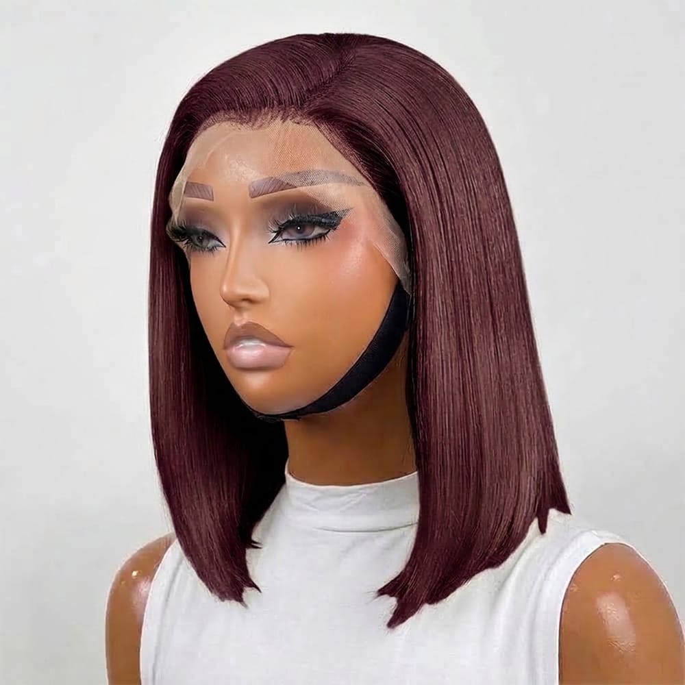 Straight Bob Side Part  HD Lace Front Wig 100% Virgin Human Hair / Burgundy LINKTOWIG