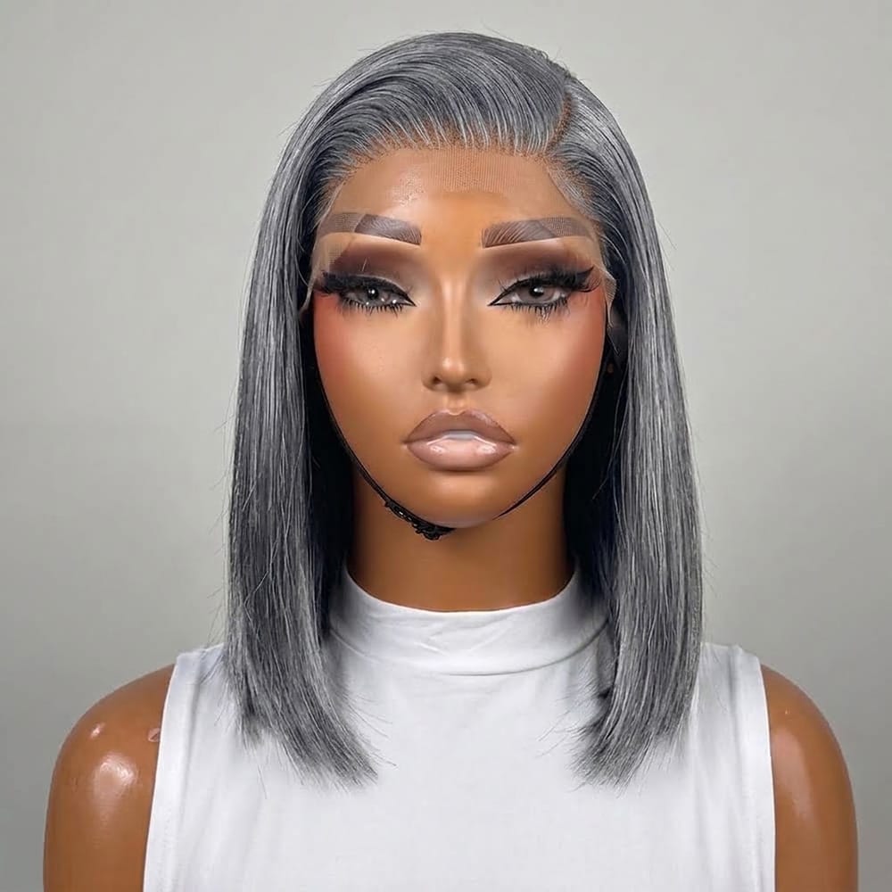 Straight Bob Side Part  HD Lace Front Wig 100% Virgin Human Hair / Charcoal Grey LINKTOWIG