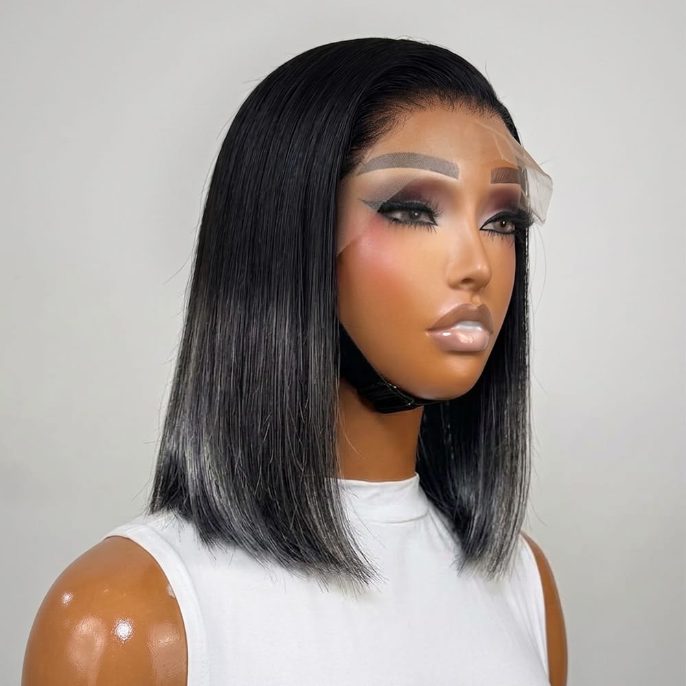 Straight Bob Side Part  HD Lace Front Wig 100% Virgin Human Hair / Dark Roots LINKTOWIG