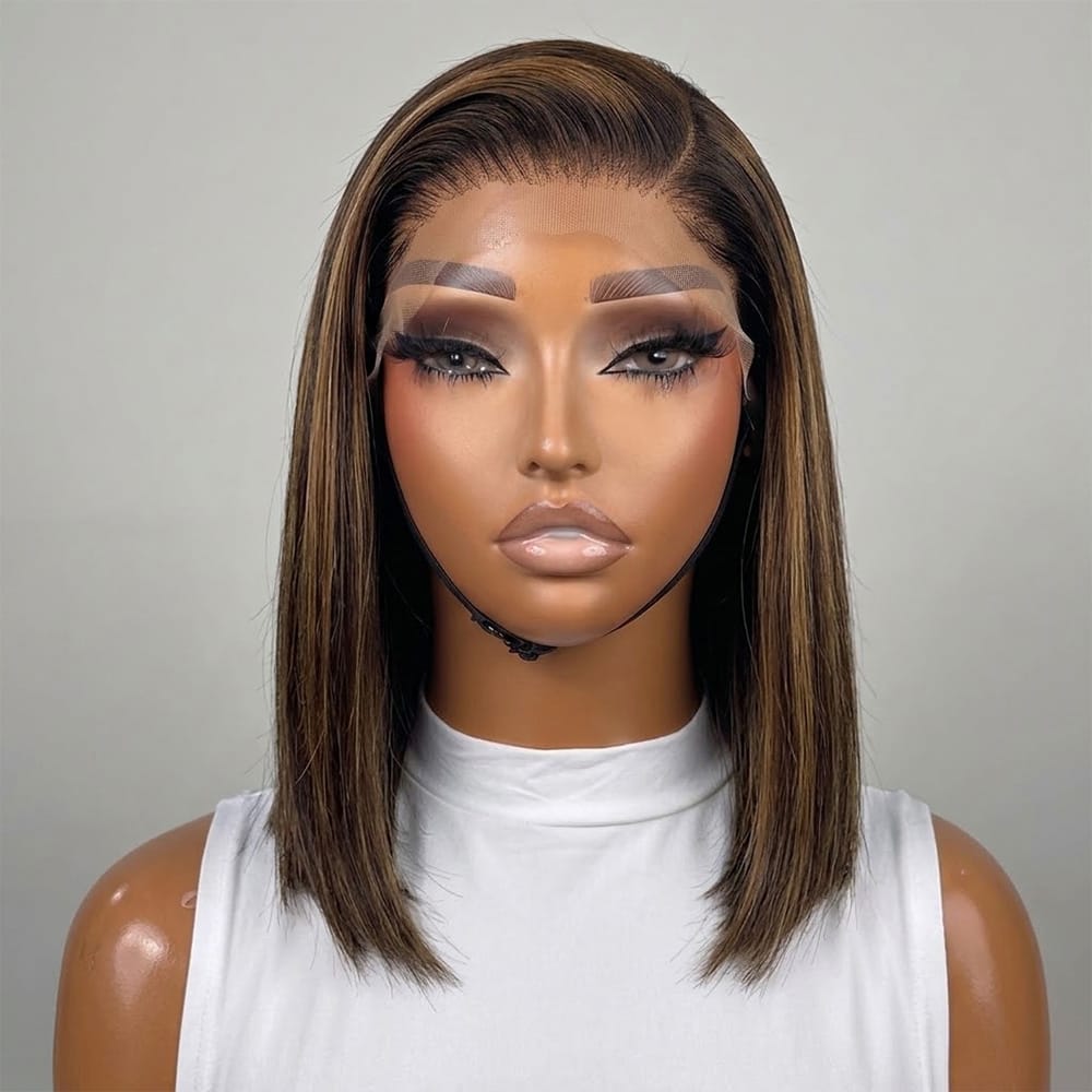 Straight Bob Side Part  HD Lace Front Wig 100% Virgin Human Hair / Honey Blonde Highlights LINKTOWIG