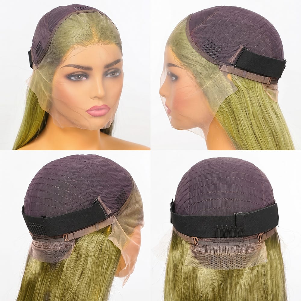 Straight Bob Side Part  HD Lace Front Wig 100% Virgin Human Hair / Olive Green Blonde LINKTOWIG