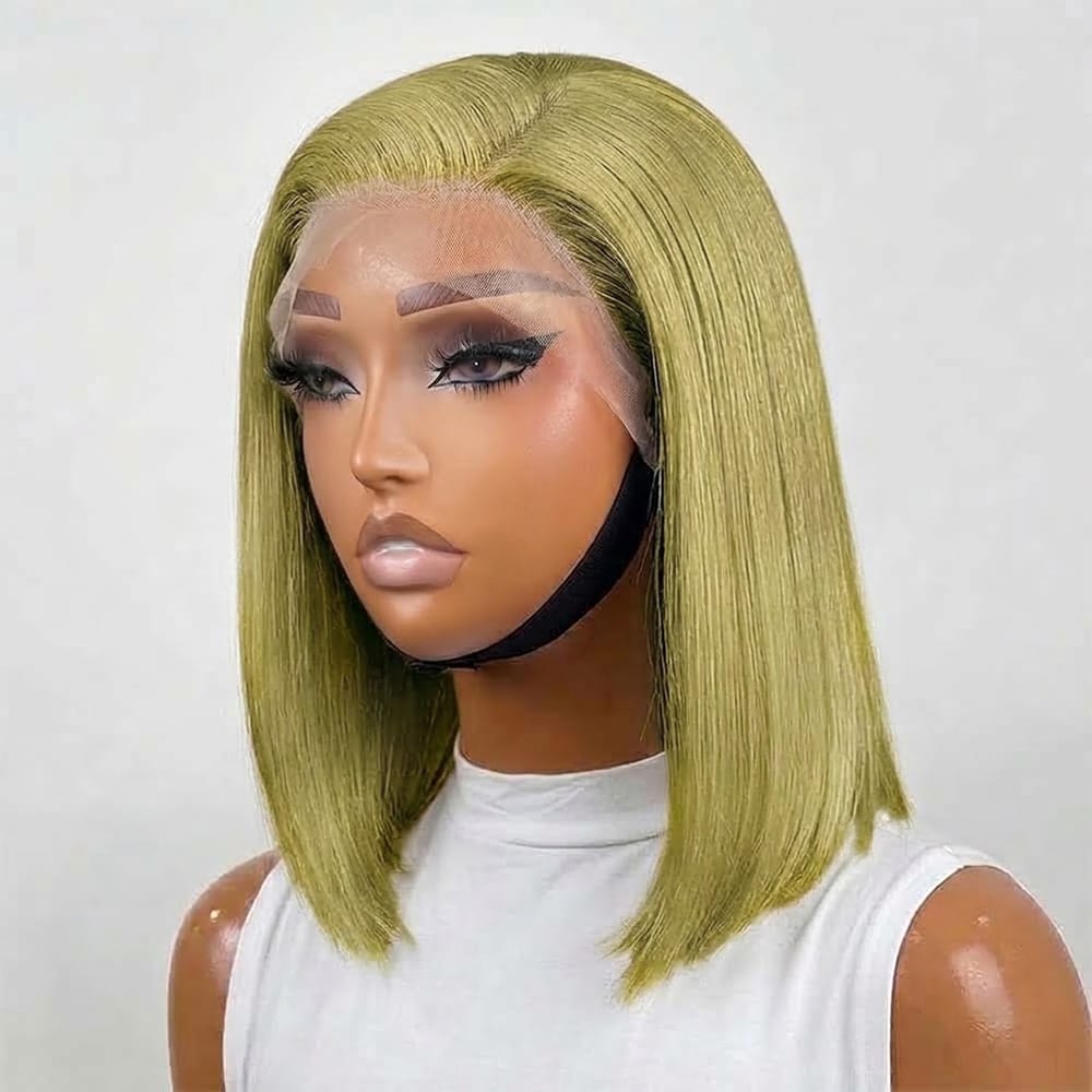 Straight Bob Side Part  HD Lace Front Wig 100% Virgin Human Hair / Olive Green Blonde LINKTOWIG