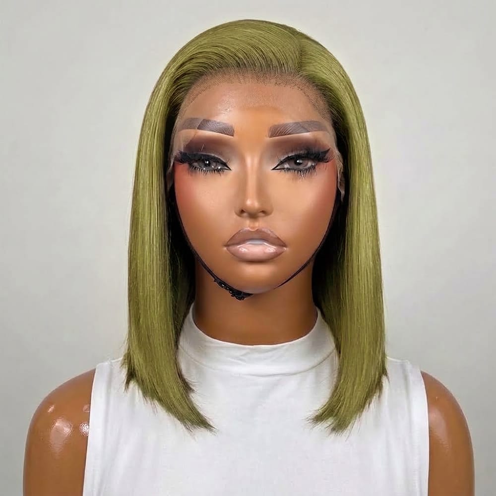 Straight Bob Side Part  HD Lace Front Wig 100% Virgin Human Hair / Olive Green Blonde LINKTOWIG