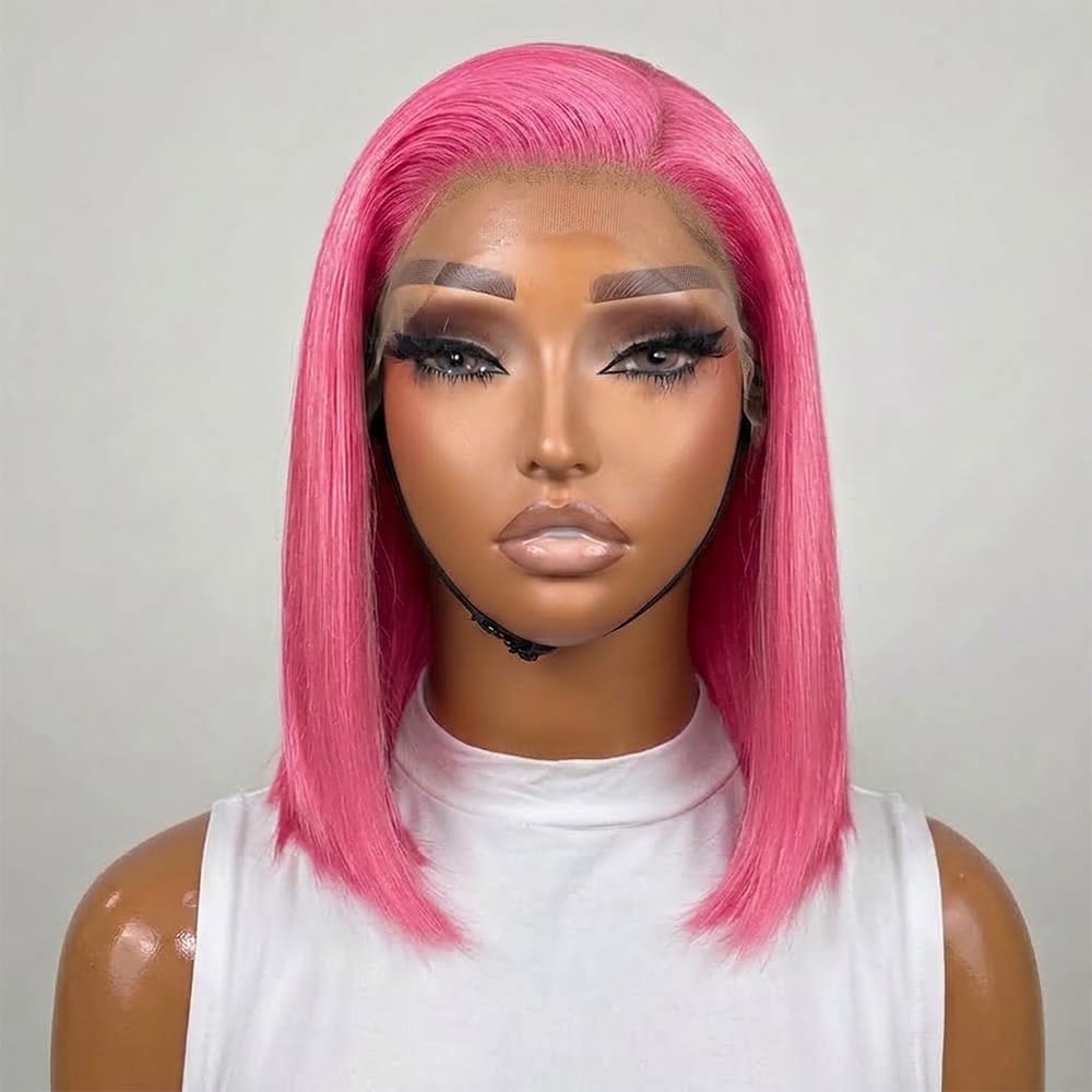 Straight Bob Side Part  HD Lace Front Wig 100% Virgin Human Hair / pink LINKTOWIG