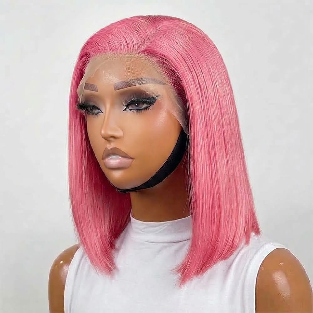 Straight Bob Side Part  HD Lace Front Wig 100% Virgin Human Hair / pink LINKTOWIG