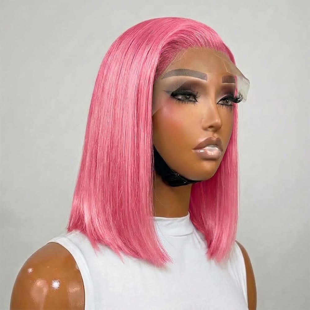 Straight Bob Side Part  HD Lace Front Wig 100% Virgin Human Hair / pink LINKTOWIG