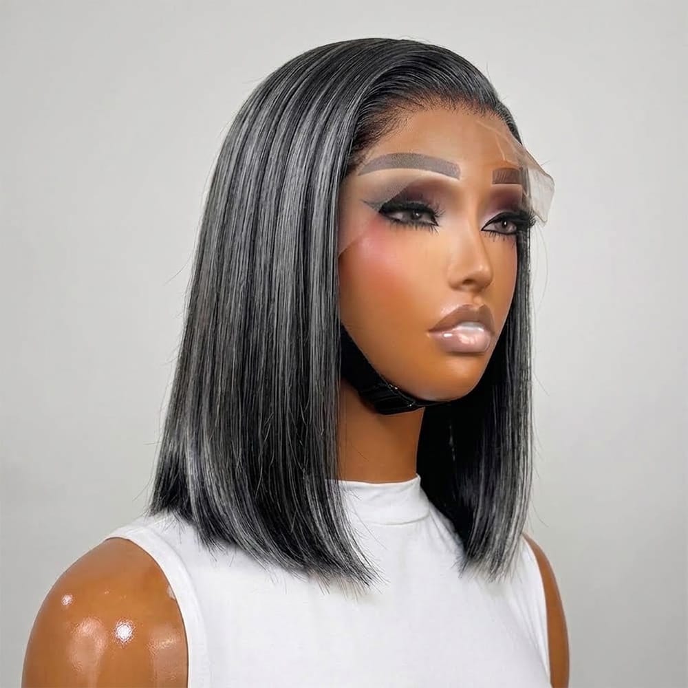 Straight Bob Side Part  HD Lace Front Wig 100% Virgin Human Hair / Silver Grey LINKTOWIG