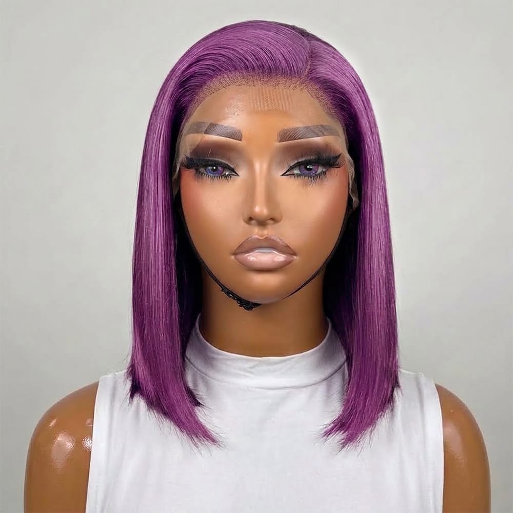 Straight Bob Side Part  HD Lace Front Wig 100% Virgin Human Hair / Violet Purple LINKTOWIG