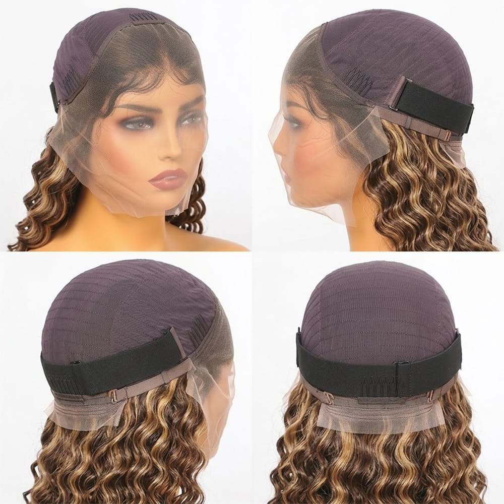 Deep Wave Bob Side Part  HD Lace Front Wig 100% Virgin Human Hair / Honey Blonde Highlights LINKTOWIG